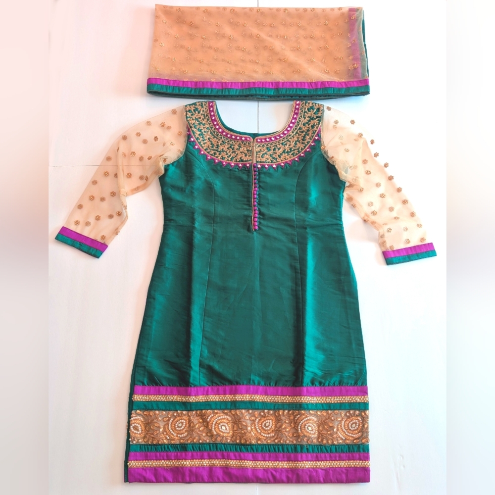 Green and Gold Embroidered Dress with Sheer Sleeves